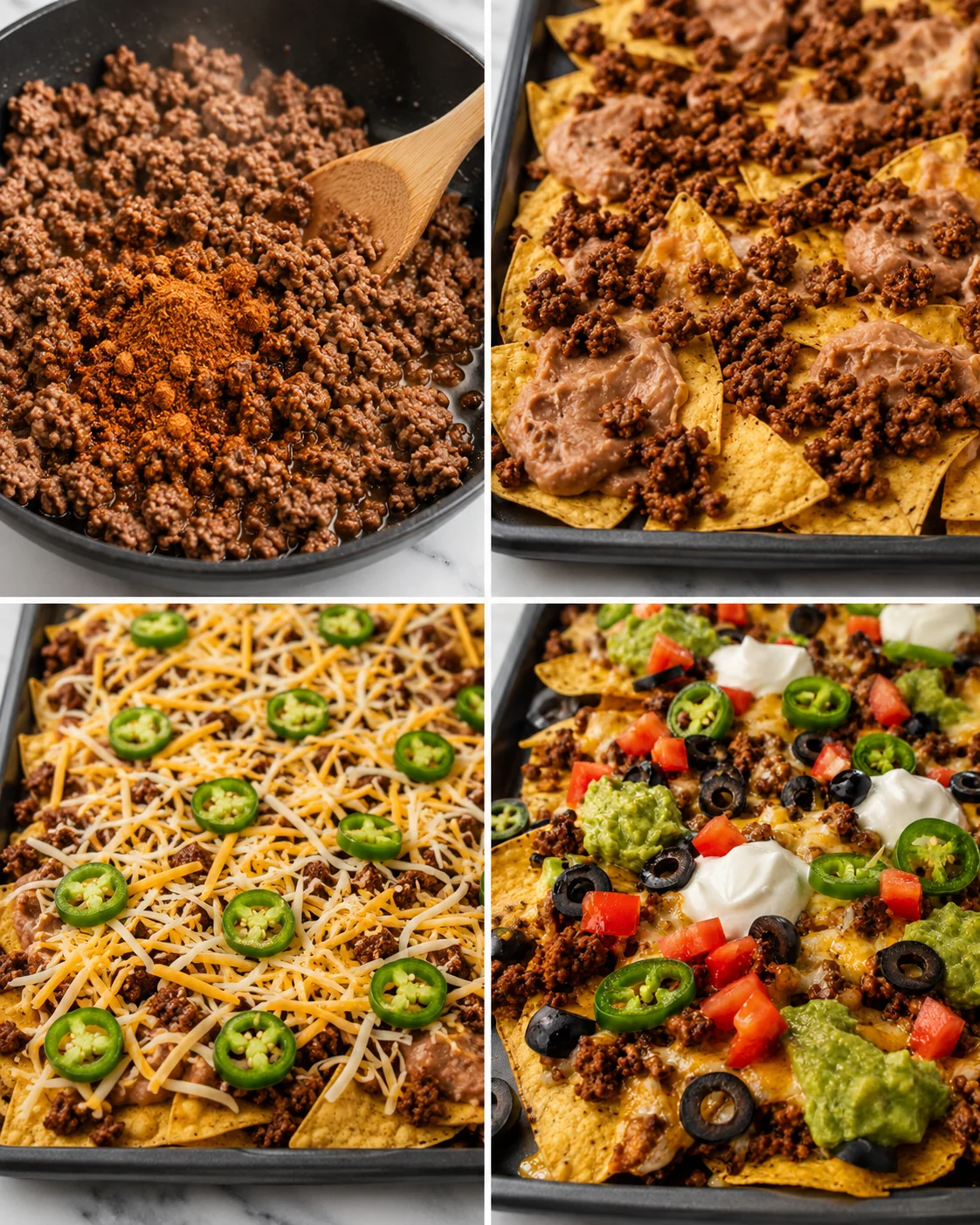 Delicious loaded sheet pan nachos with seasoned beef, cheese, and fresh toppings