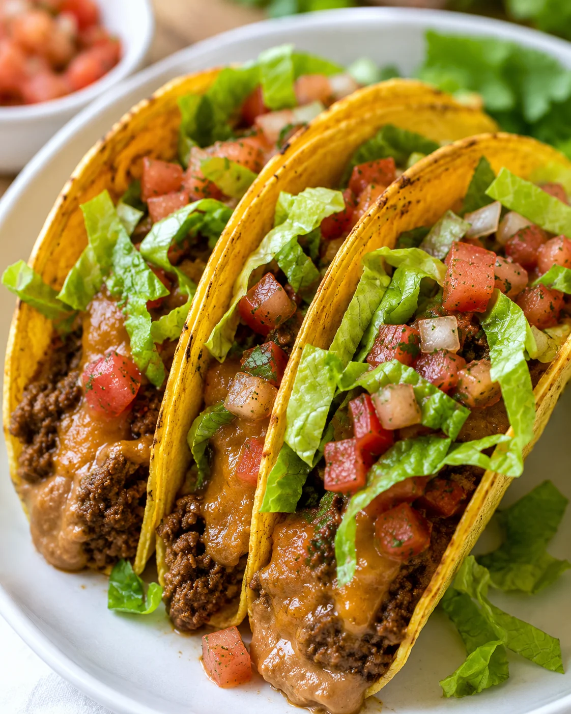 Delicious baked beef tacos filled with meat, beans, cheese, lettuce, and salsa.