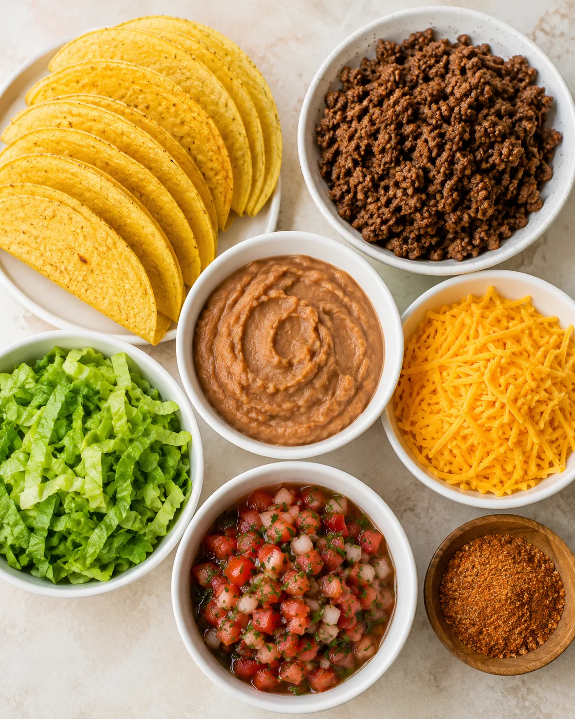 Assorted ingredients for baked beef tacos with lettuce, cheese, beans, and salsa
