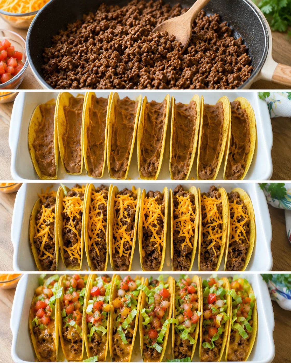 Layered baked beef tacos topped with shredded cheese, lettuce, and salsa in a baking dish.