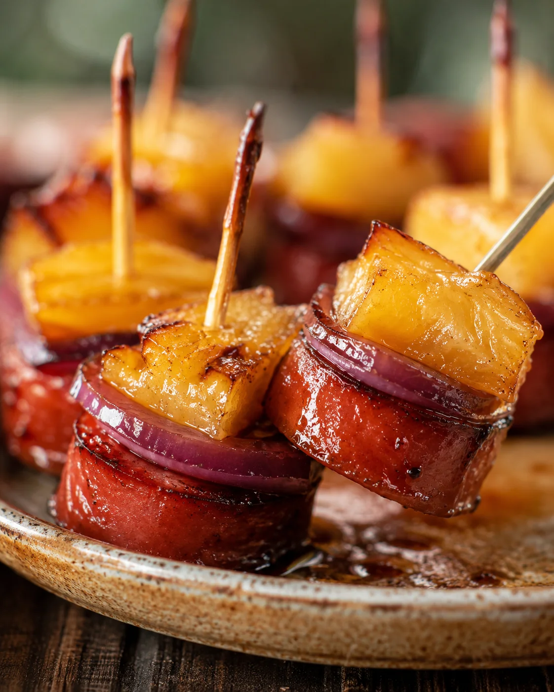 Close-up of pineapple sausage bites glazed with beer and caramelized pineapple chunks