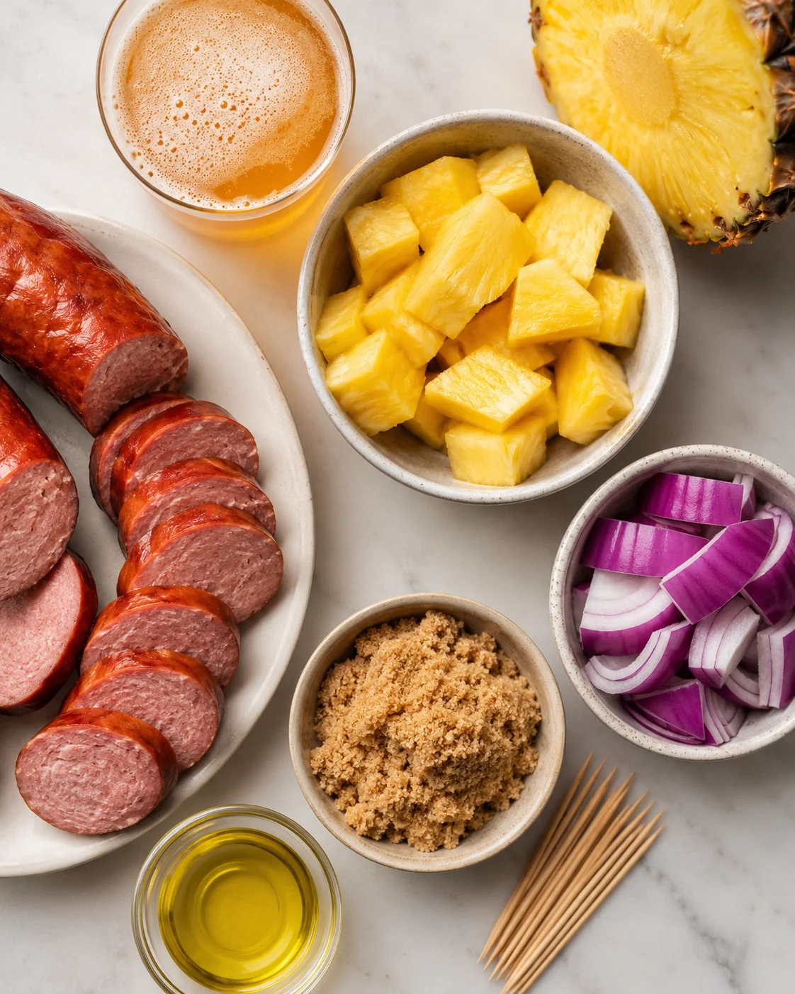 Sweet pineapple sausage bites glazed with IPA and brown sugar, ready to serve.