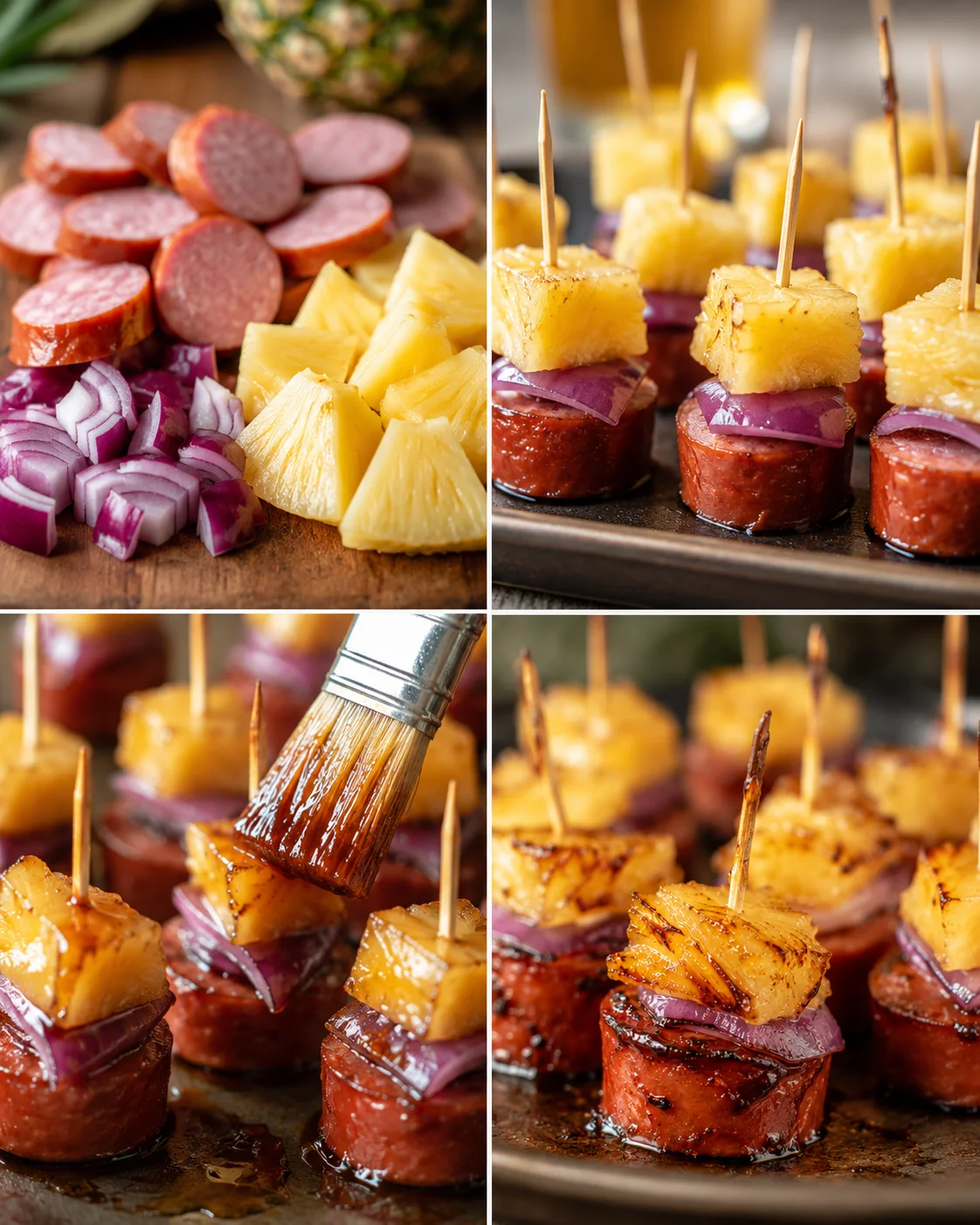 Close-up of pineapple sausage bites glazed with beer and topped with pineapple chunks.