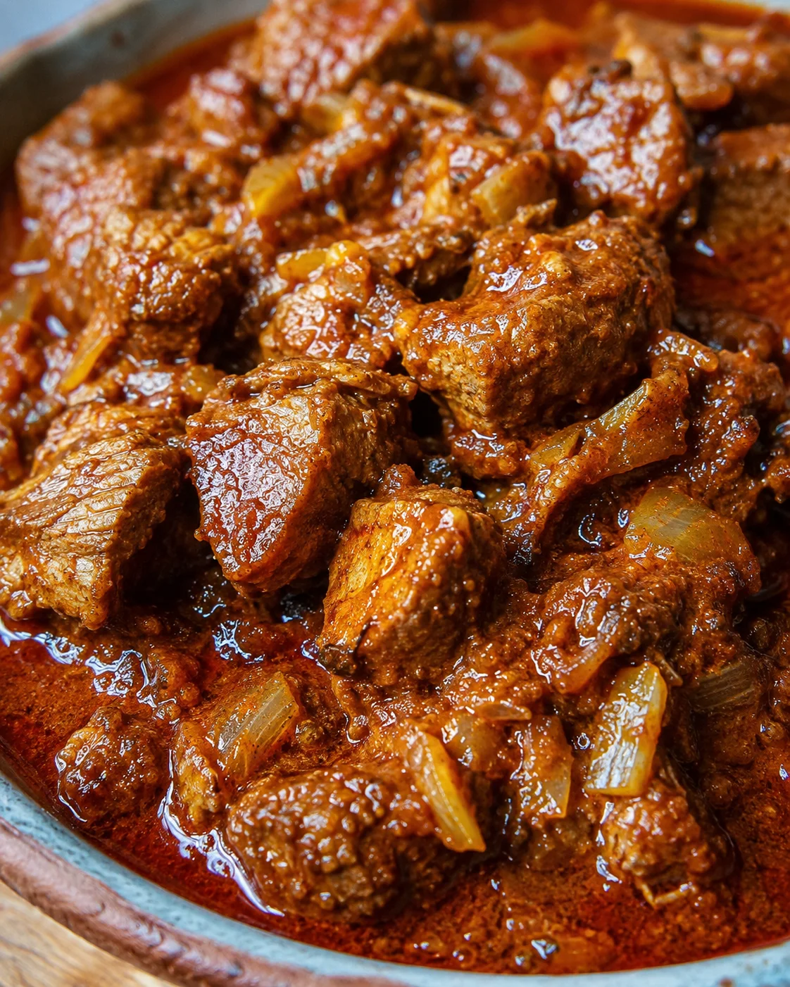 Delicious pork vindaloo in a rich, spicy curry sauce with tender meat chunks.