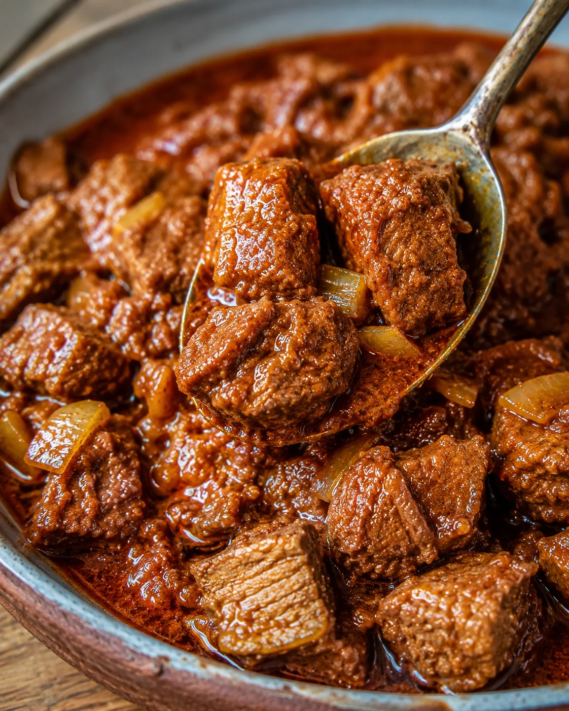A bowl of rich, spicy pork vindaloo with tender meat chunks