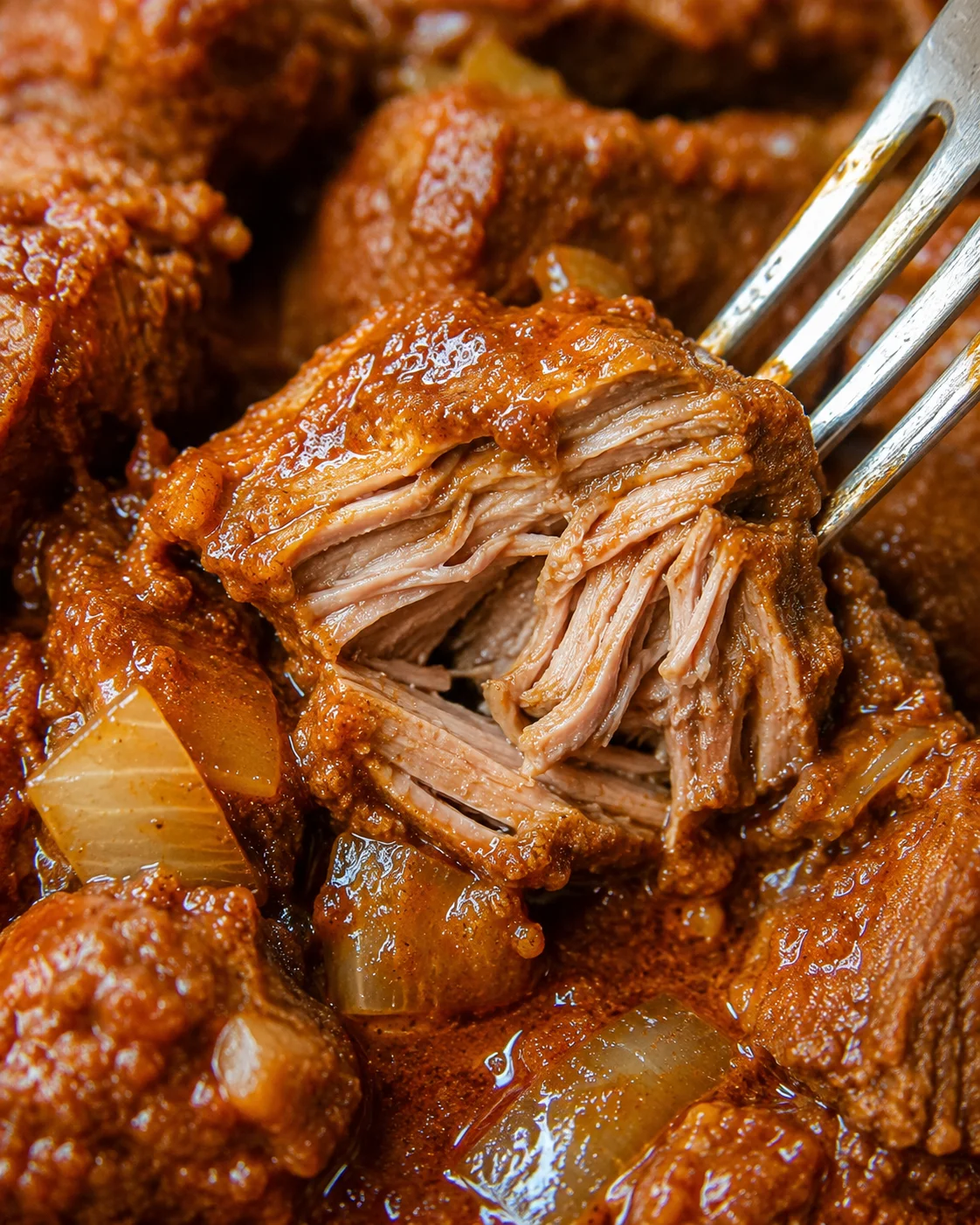 Close-up of tender pulled pork vindaloo dish with rich spices and sauce