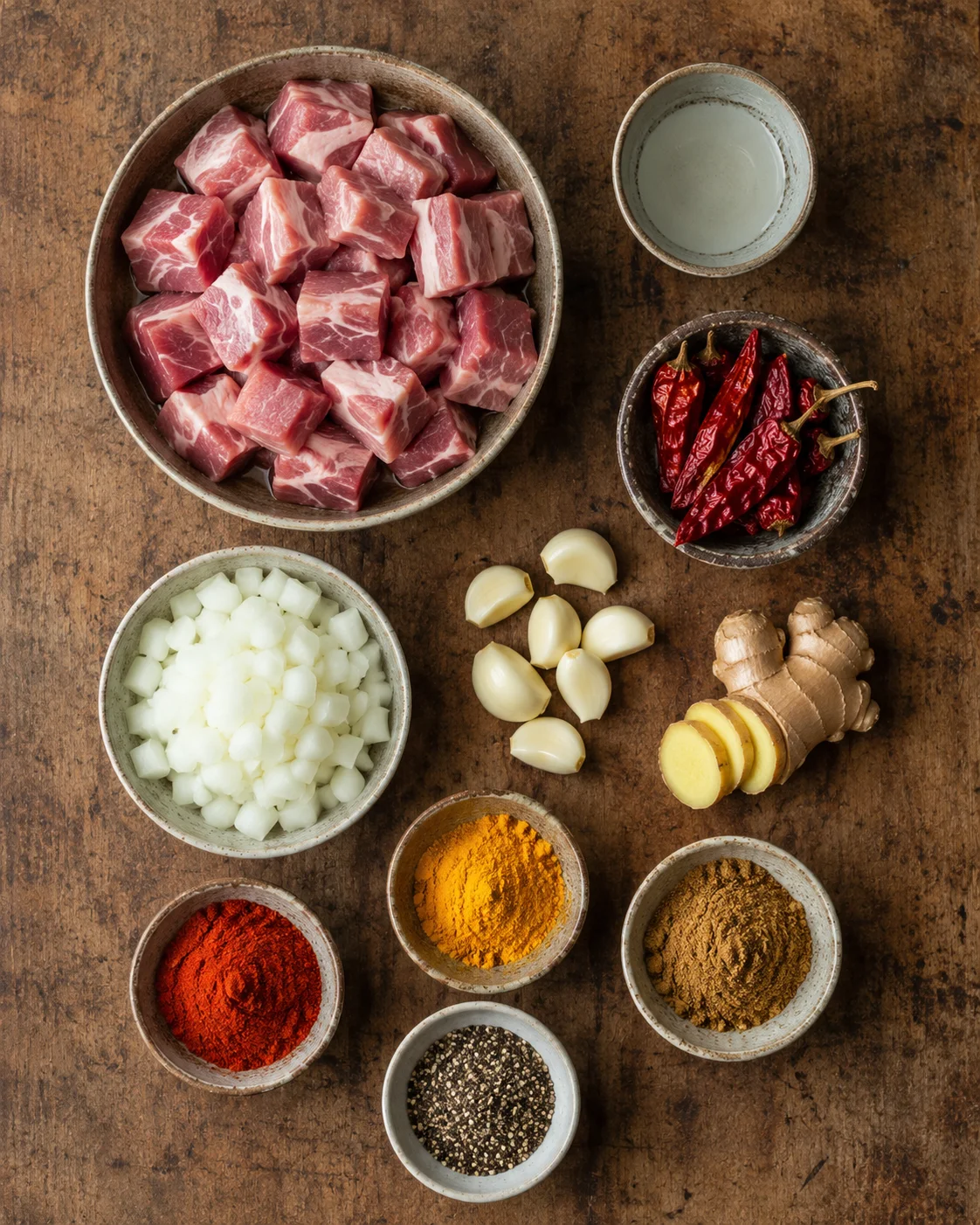 Various spices, pork, and garlic prepared for slow cooker vindaloo recipe.