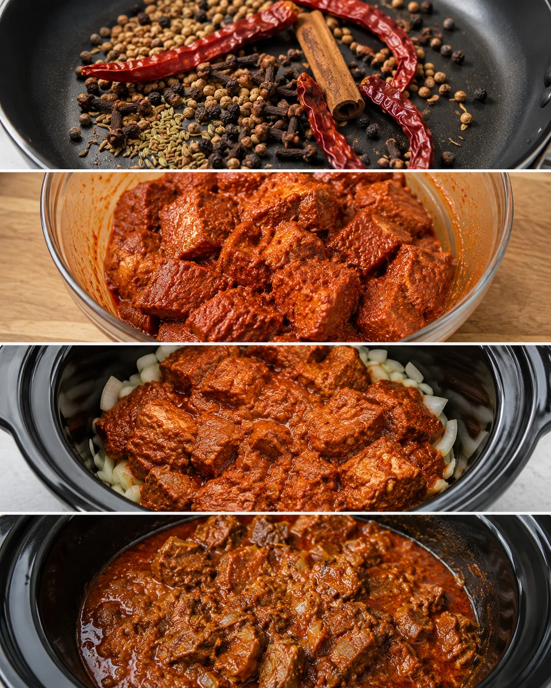 Step-by-step images of spices, marinated pork, and cooking process.