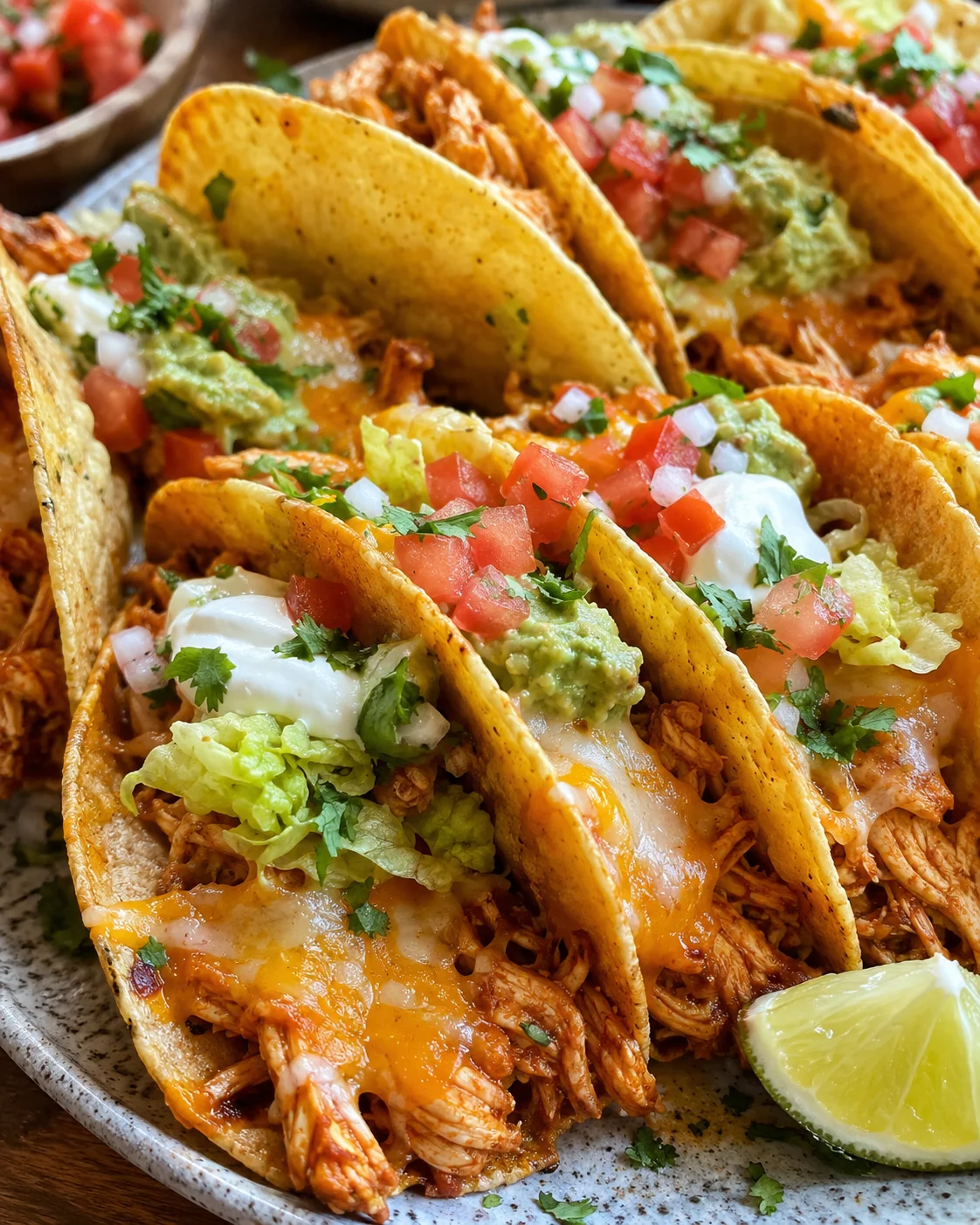 Close-up of cheesy, crispy mini baked chicken tacos topped with fresh garnishes.