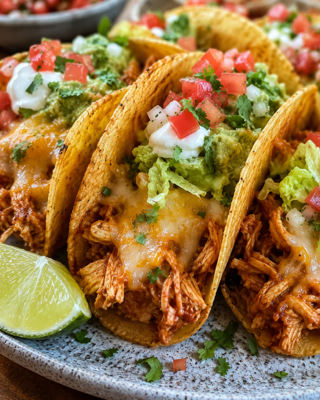 Close-up of crispy mini baked chicken tacos topped with fresh salsa and cilantro.