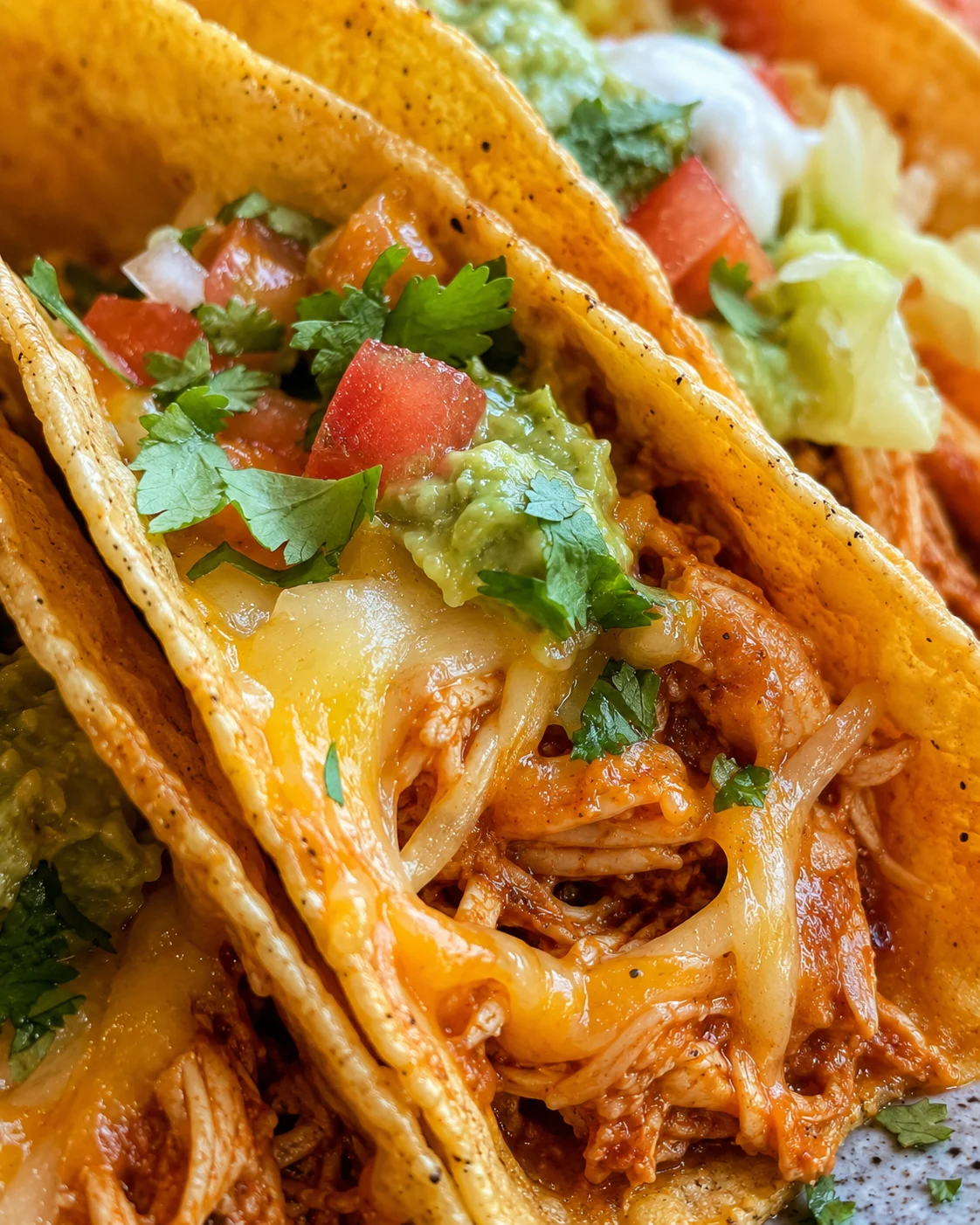 Close-up of cheesy, crispy mini baked chicken tacos with fresh toppings