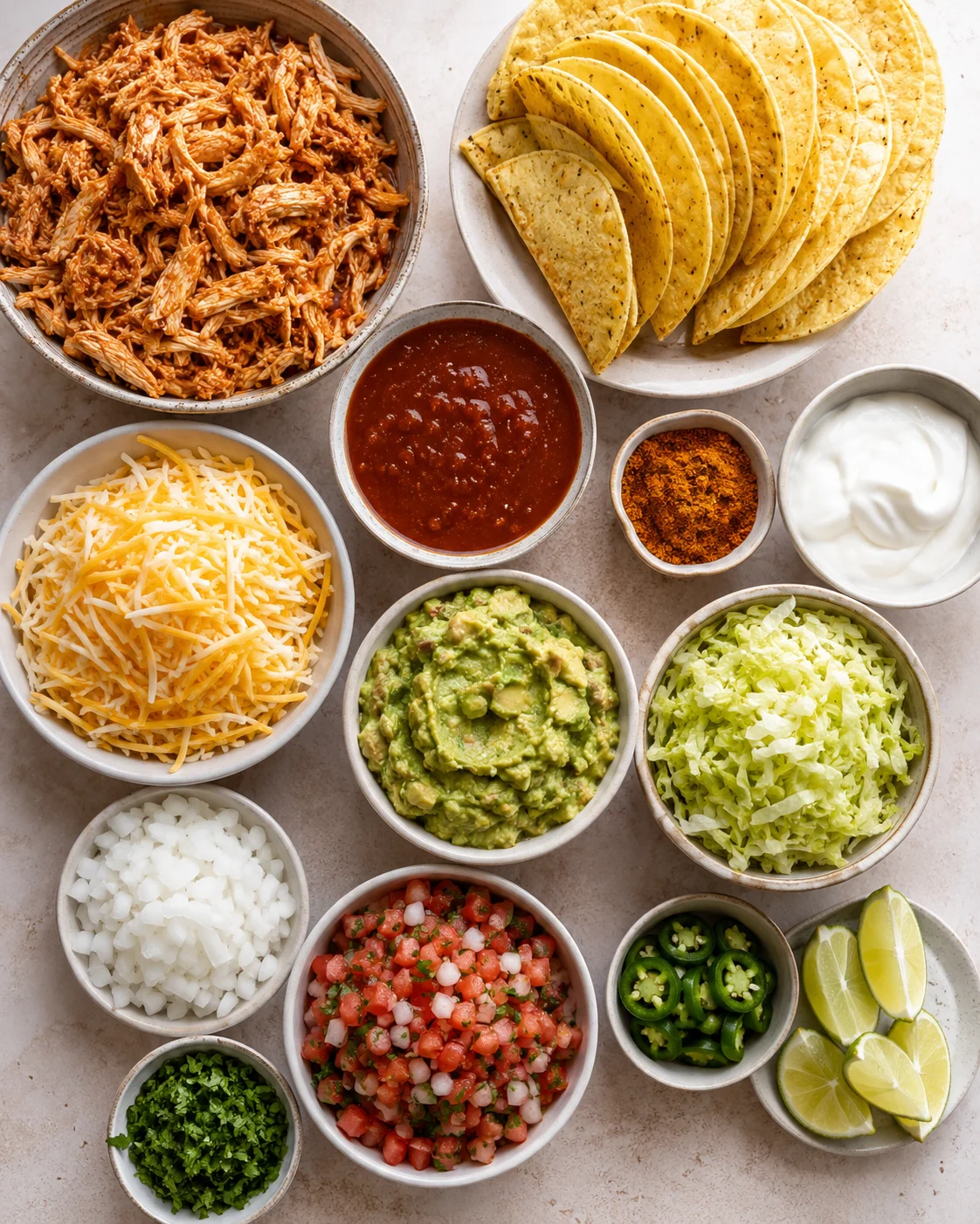 Assorted ingredients for mini baked chicken tacos, including shredded chicken, cheese, and shells