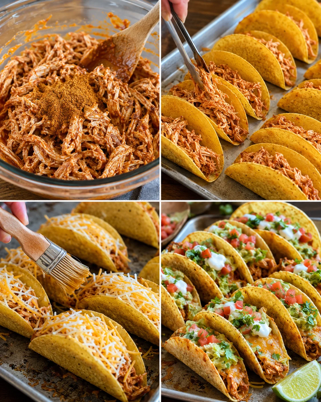 Step-by-step photos of preparing, filling, and topping mini baked chicken tacos.