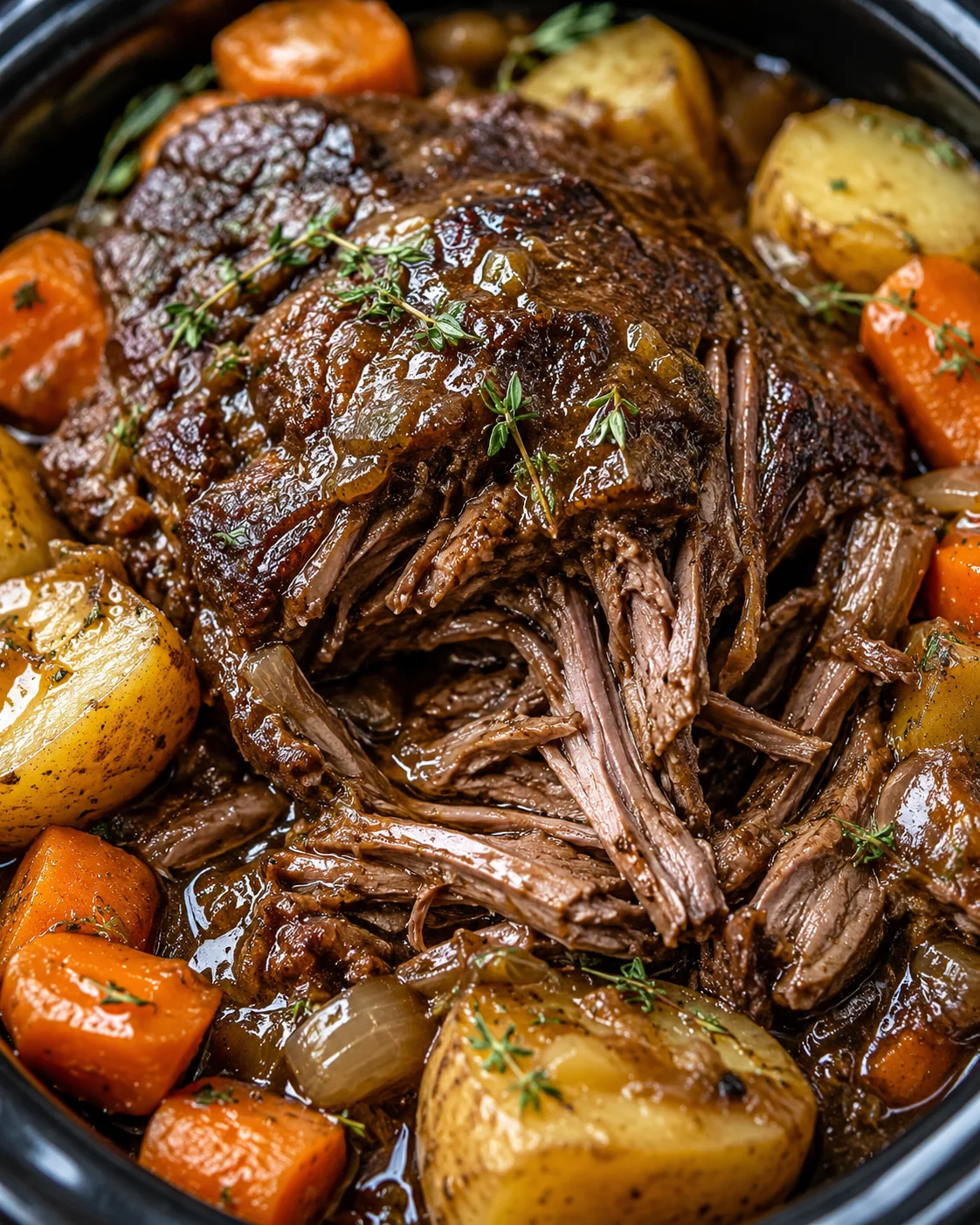 Close-up of tender slow-cooked beef with vegetables in a crockpot.