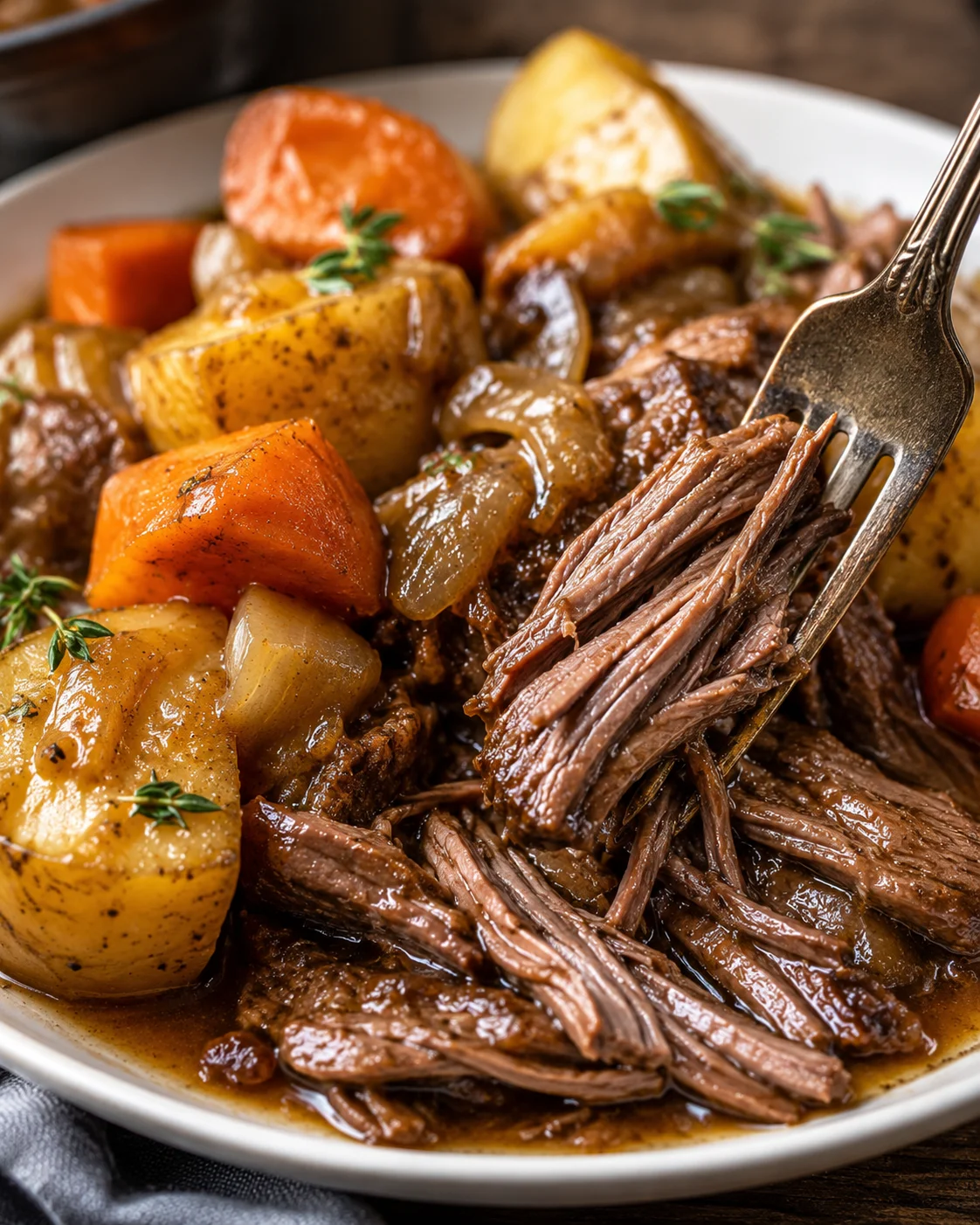 Delicious, slow-cooked beef pot roast with vegetables and rich gravy on a plate