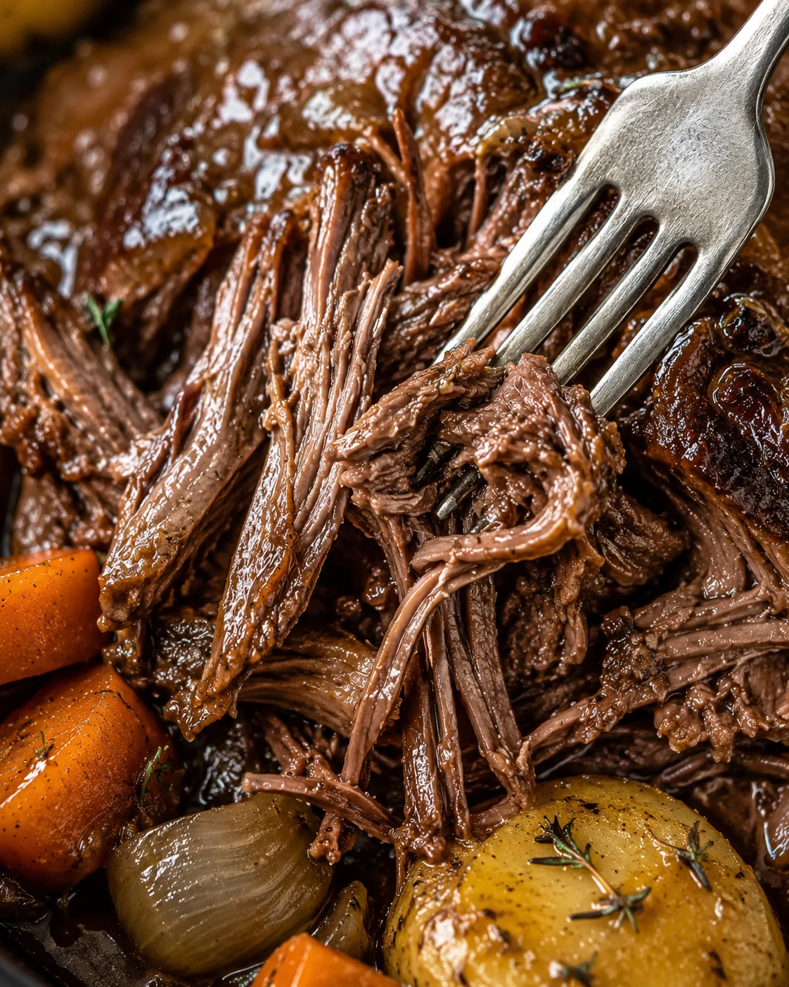 Tender shredded beef with carrots, potatoes, and onions in rich gravy.