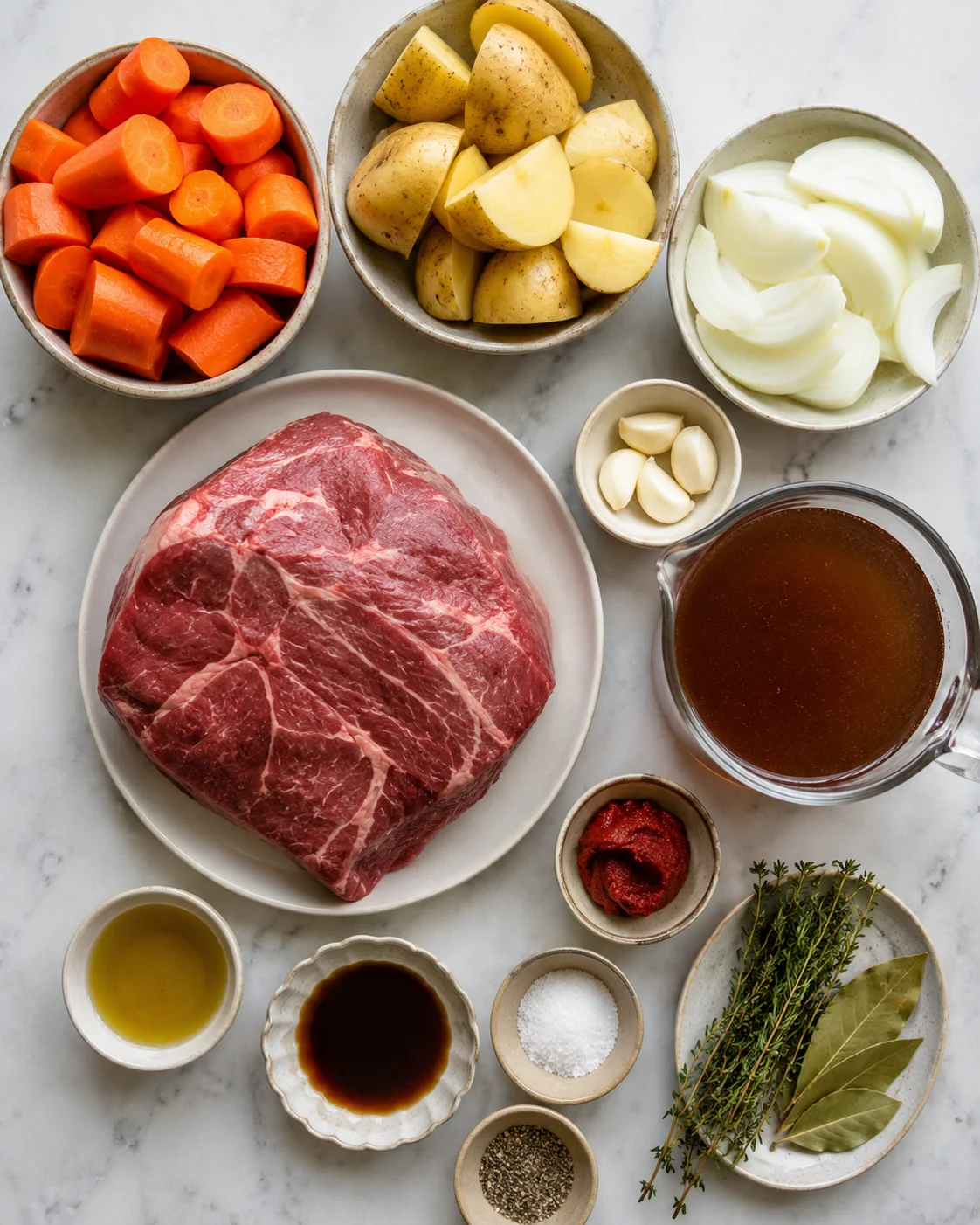 Assorted fresh vegetables, beef, and seasonings arranged on a marble surface.
