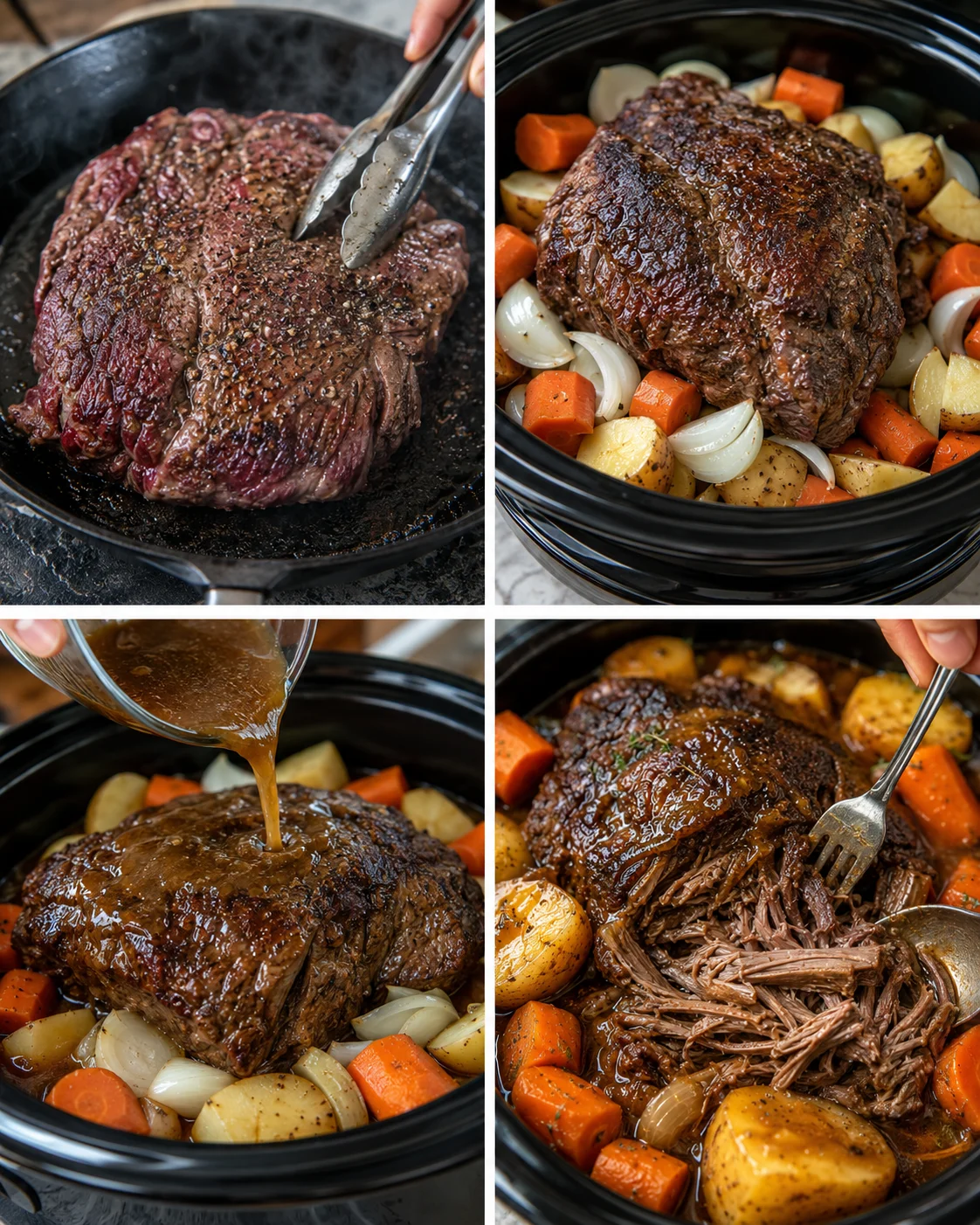 Tender beef roast cooking with fresh vegetables in a slow cooker for a hearty dinner.
