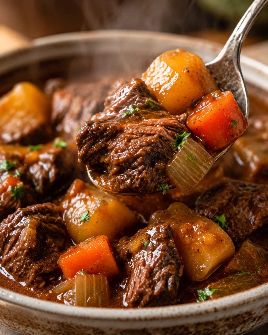 Close-up of tender beef stew with carrots and potatoes in a rustic bowl