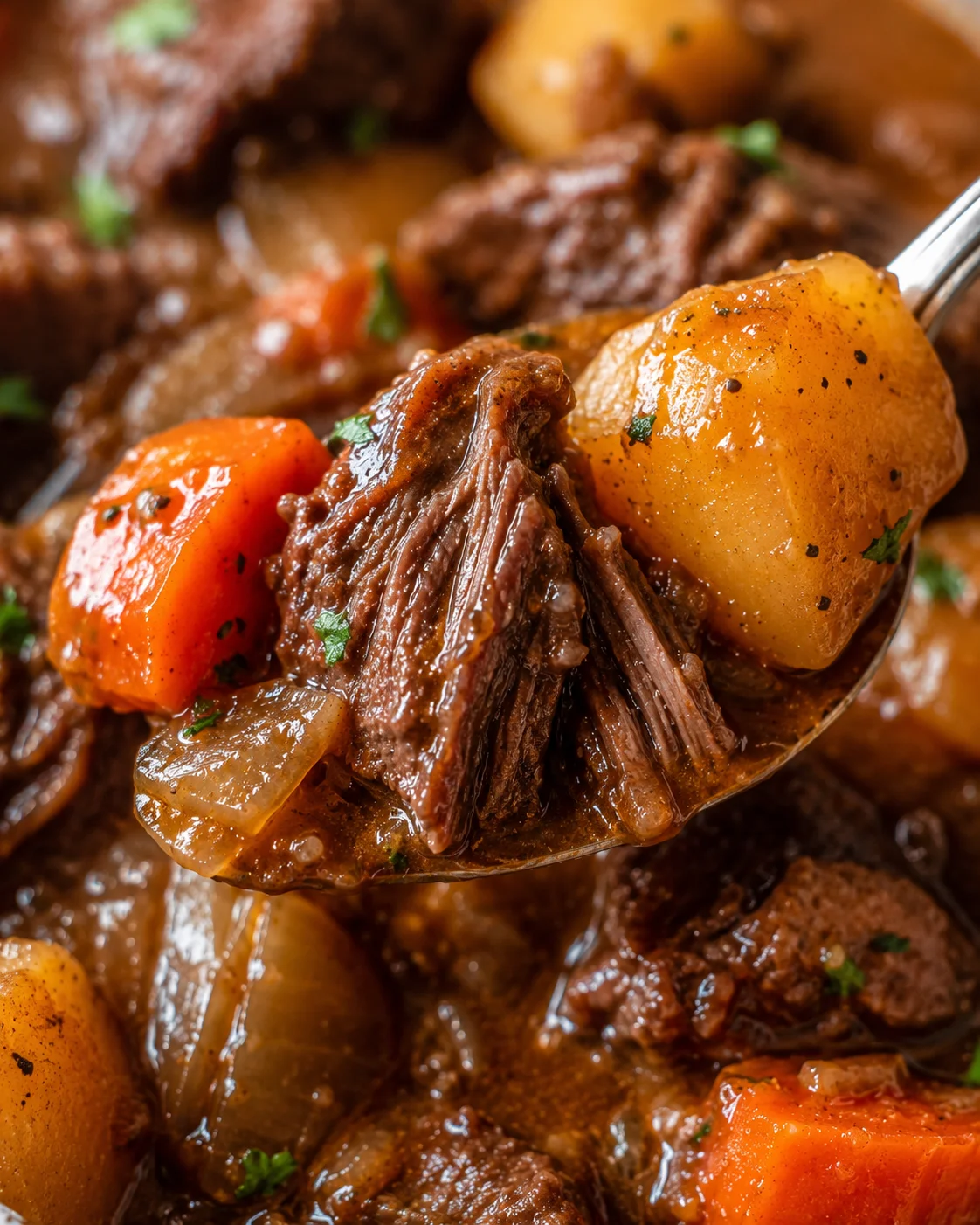 Close-up of tender beef stew with vegetables in a savory sauce.