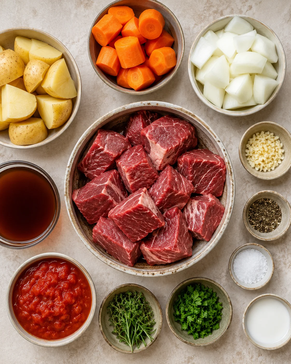 Raw ingredients including beef chunks, carrots, potatoes, onions, and herbs ready for slow cooking.