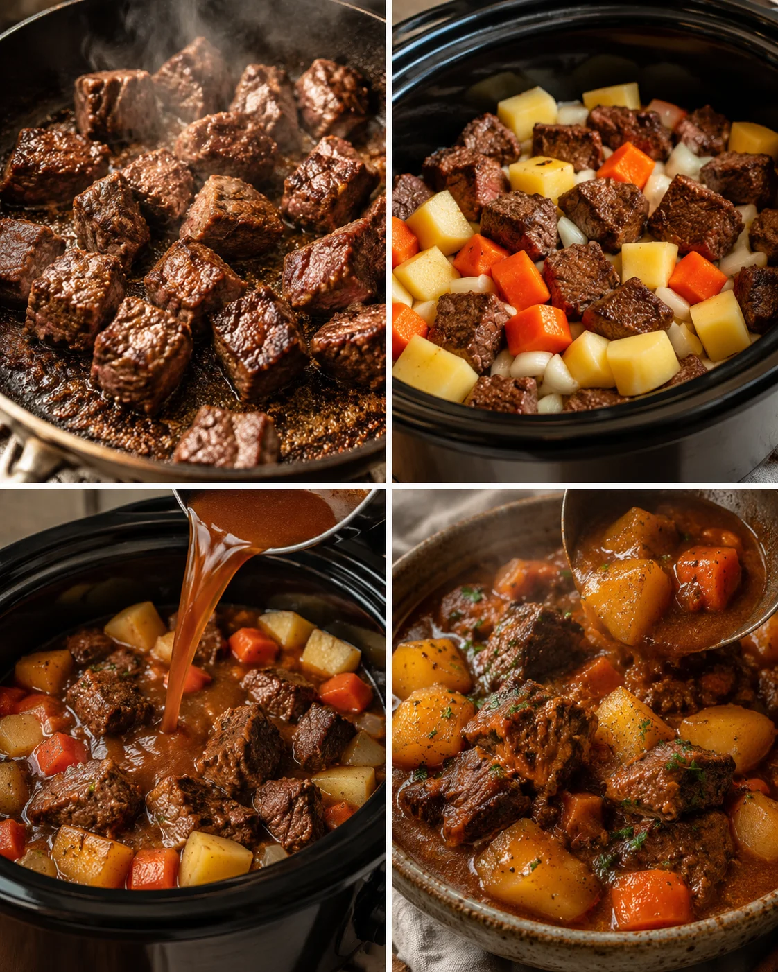 Chunks of beef browning in a skillet, capturing the essence of hearty stew preparation.