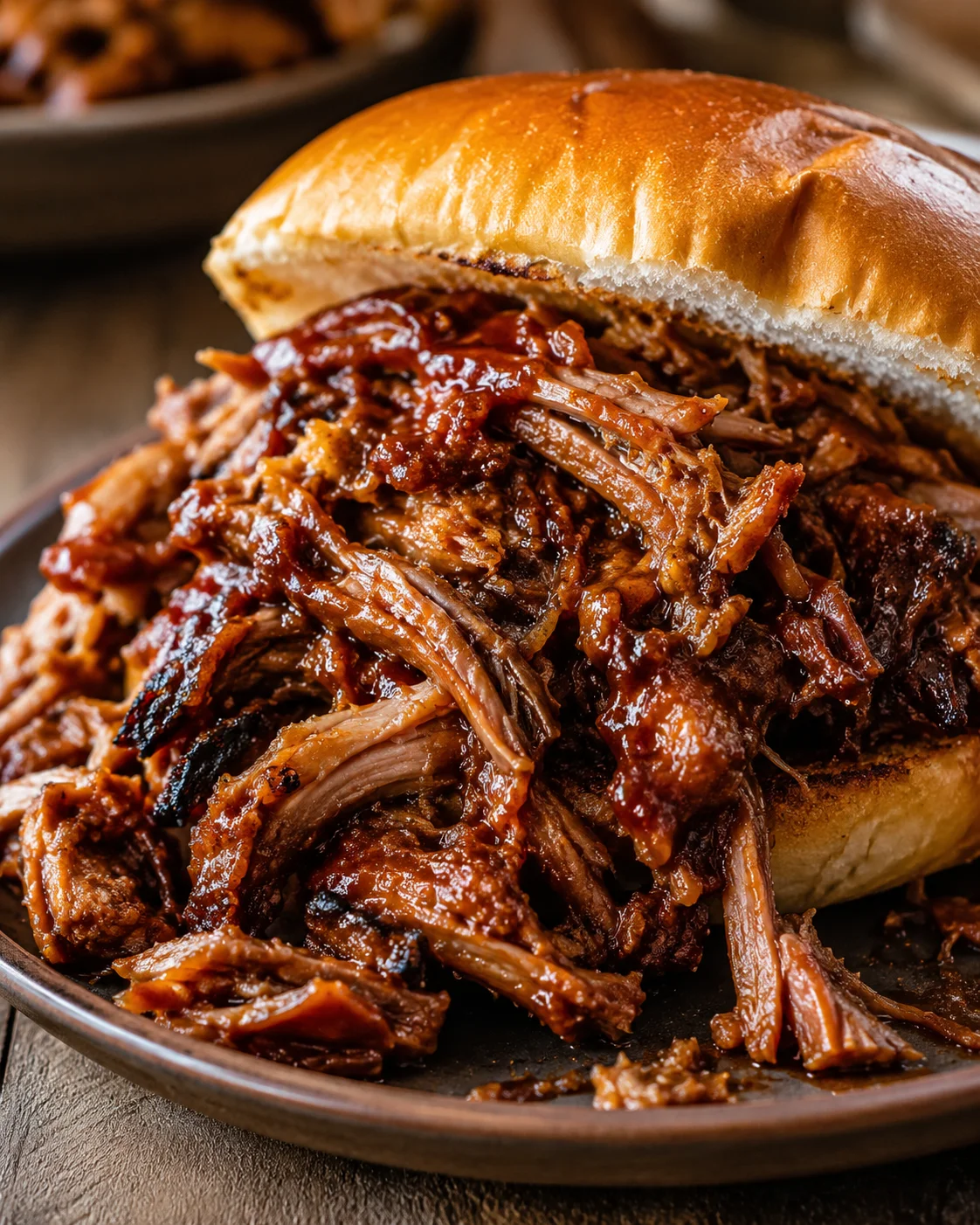 Juicy shredded pulled pork on a sandwich bun with rich barbecue sauce.