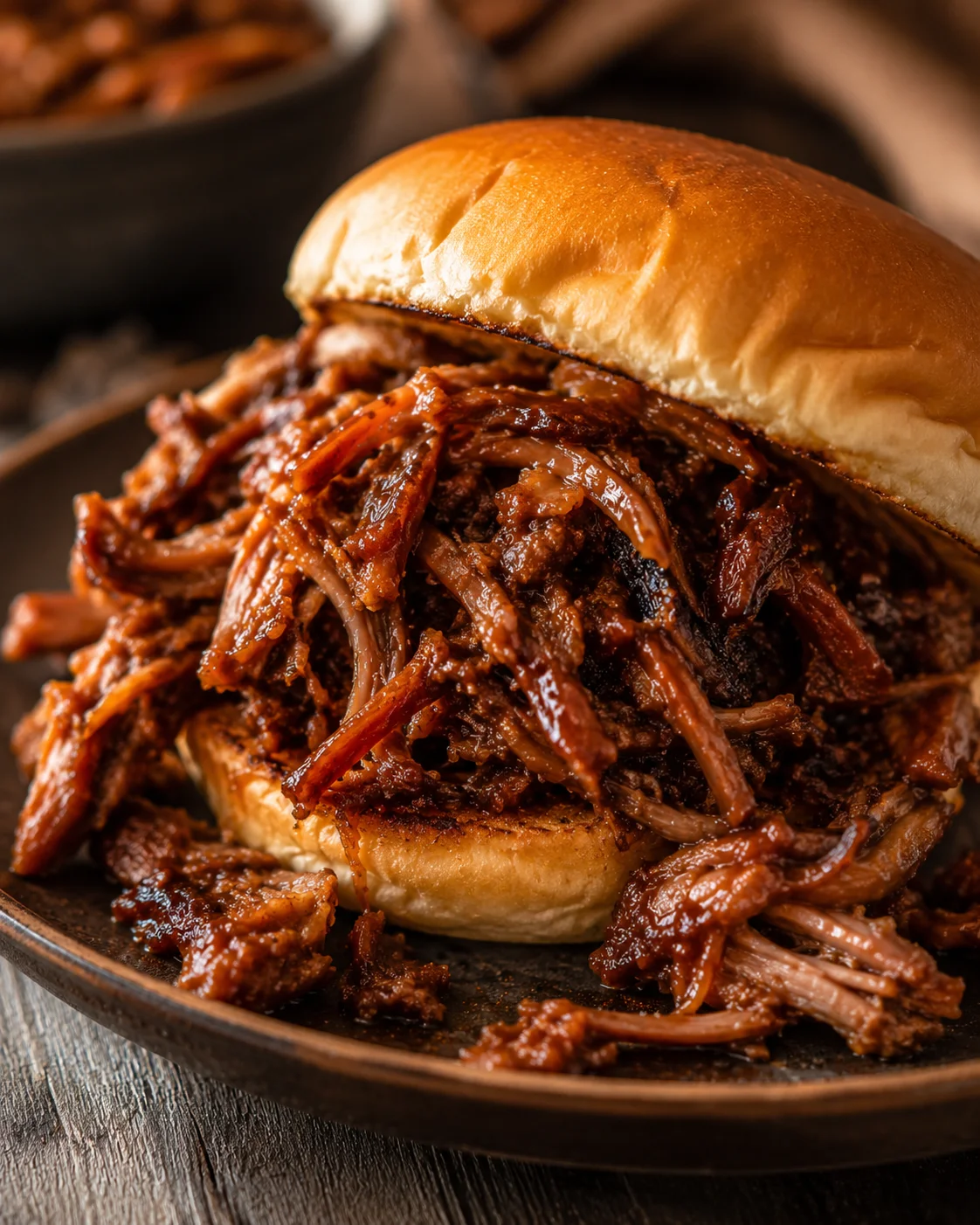 Tender pulled pork served in a soft bun with smoky flavors and shredded meat.