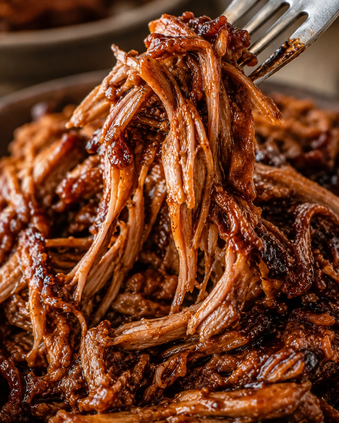 Tender pulled pork being lifted with a fork, covered in smoky barbecue sauce.