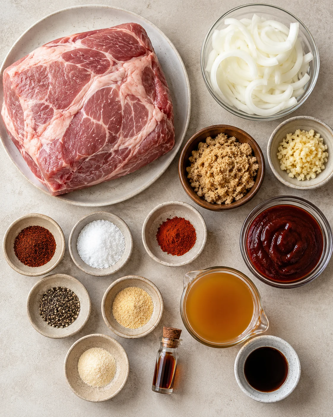 Raw pork shoulder with spices, onions, and sauce ingredients arranged on a table.