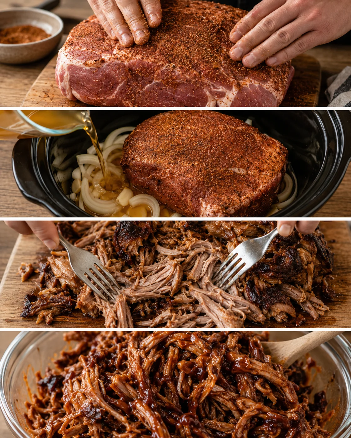Cooking a seasoned pork shoulder in a slow cooker for pulled pork.
