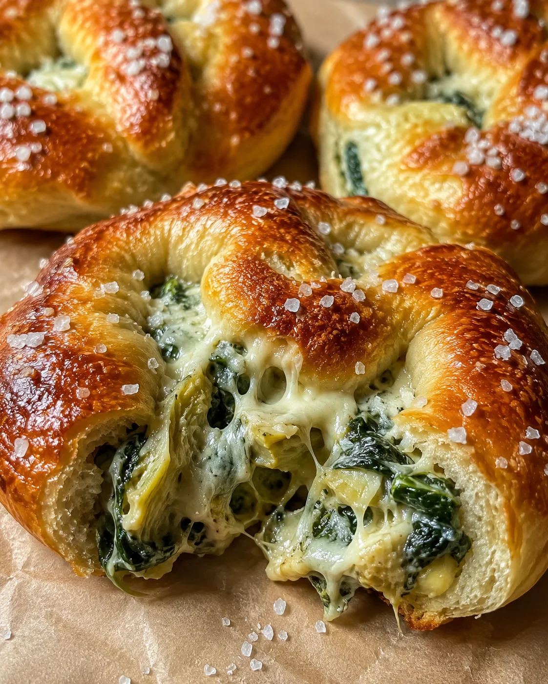 Golden pretzels filled with cheesy spinach and artichoke mixture, sprinkled with sea salt.