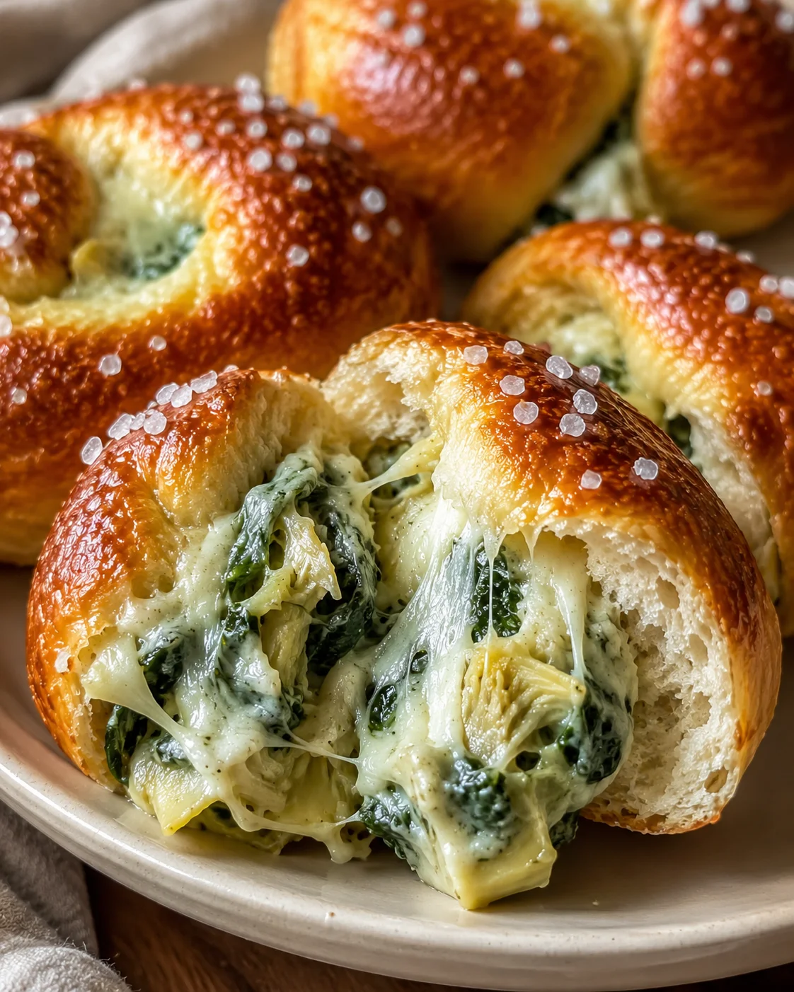 Golden pretzels filled with cheesy spinach and artichoke mixture, sprinkled with sea salt