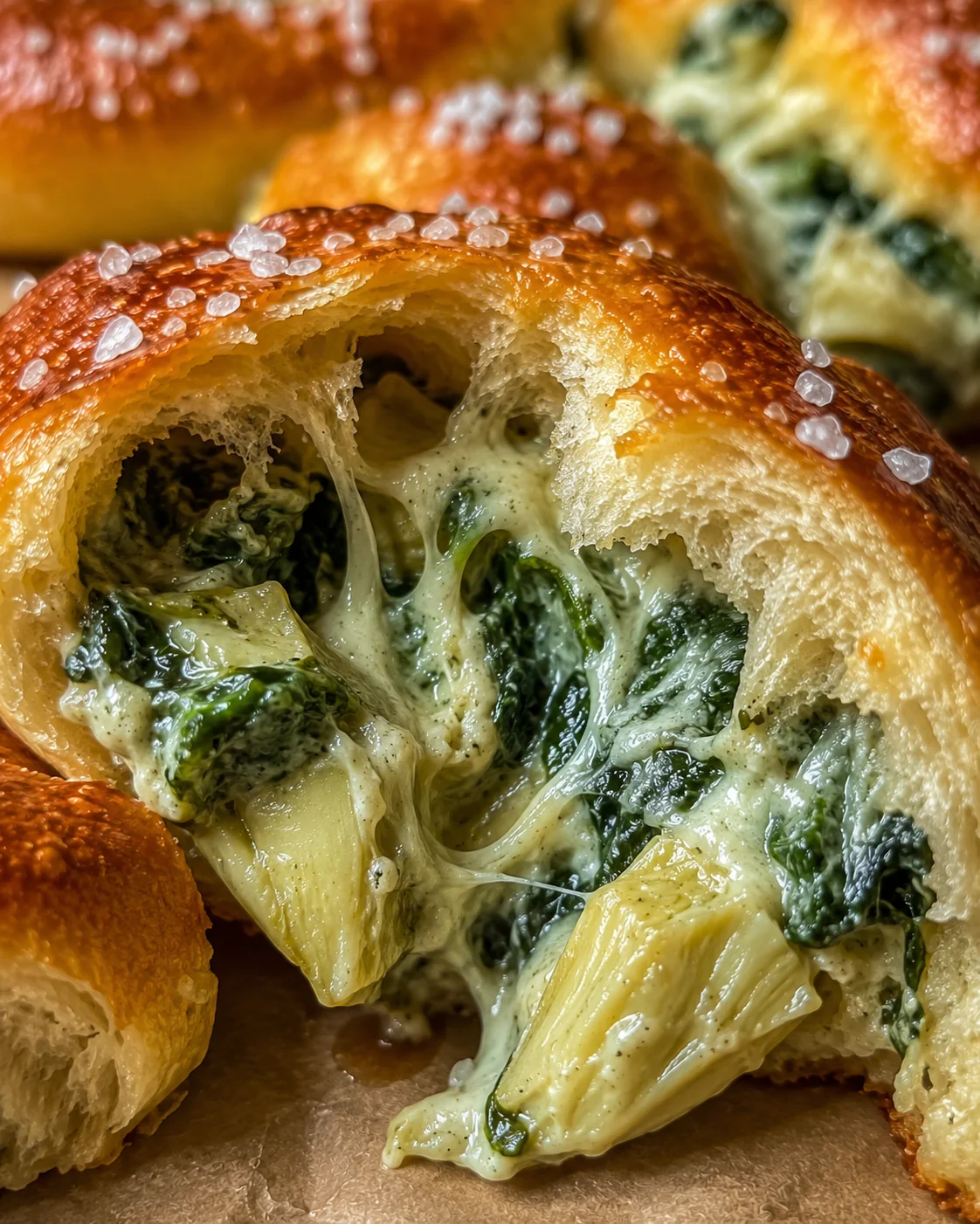 Close-up of cheesy spinach artichoke stuffed pretzels with melted cheese