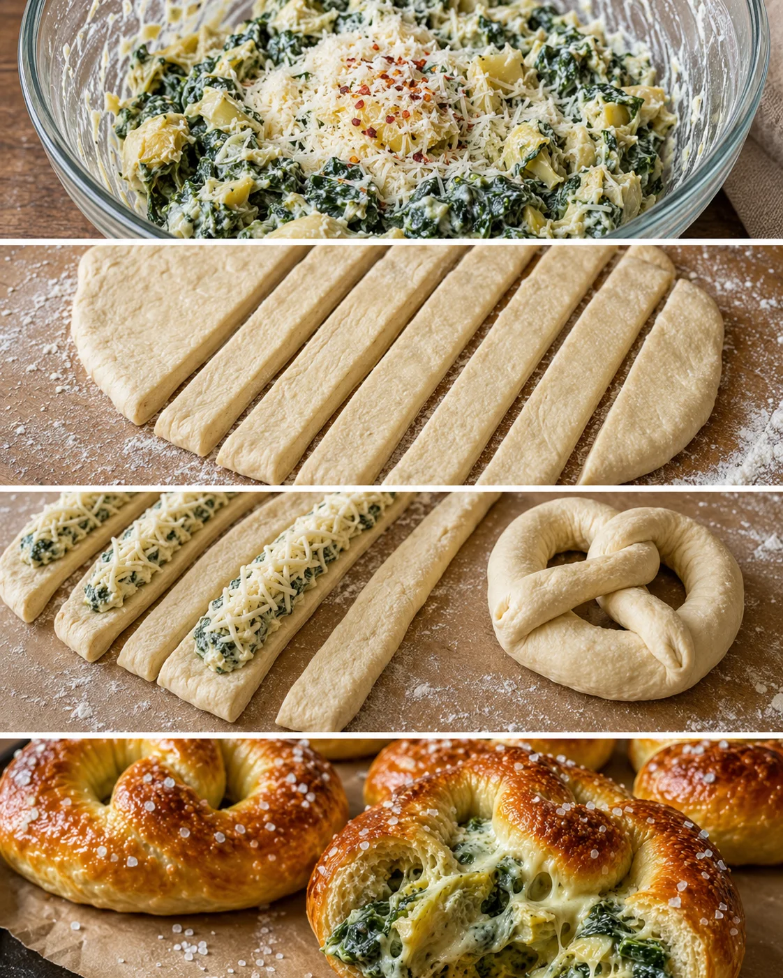 Freshly baked pretzels stuffed with spinach, artichokes, and melty cheese share a golden crust.