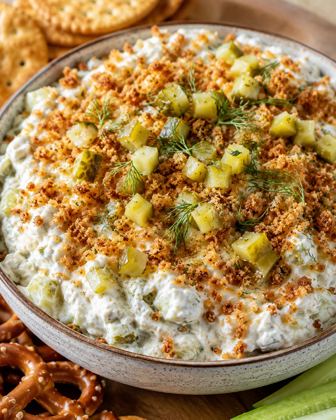 Close-up of tangy fried pickle dip topped with toasted panko crumbs and fresh herbs