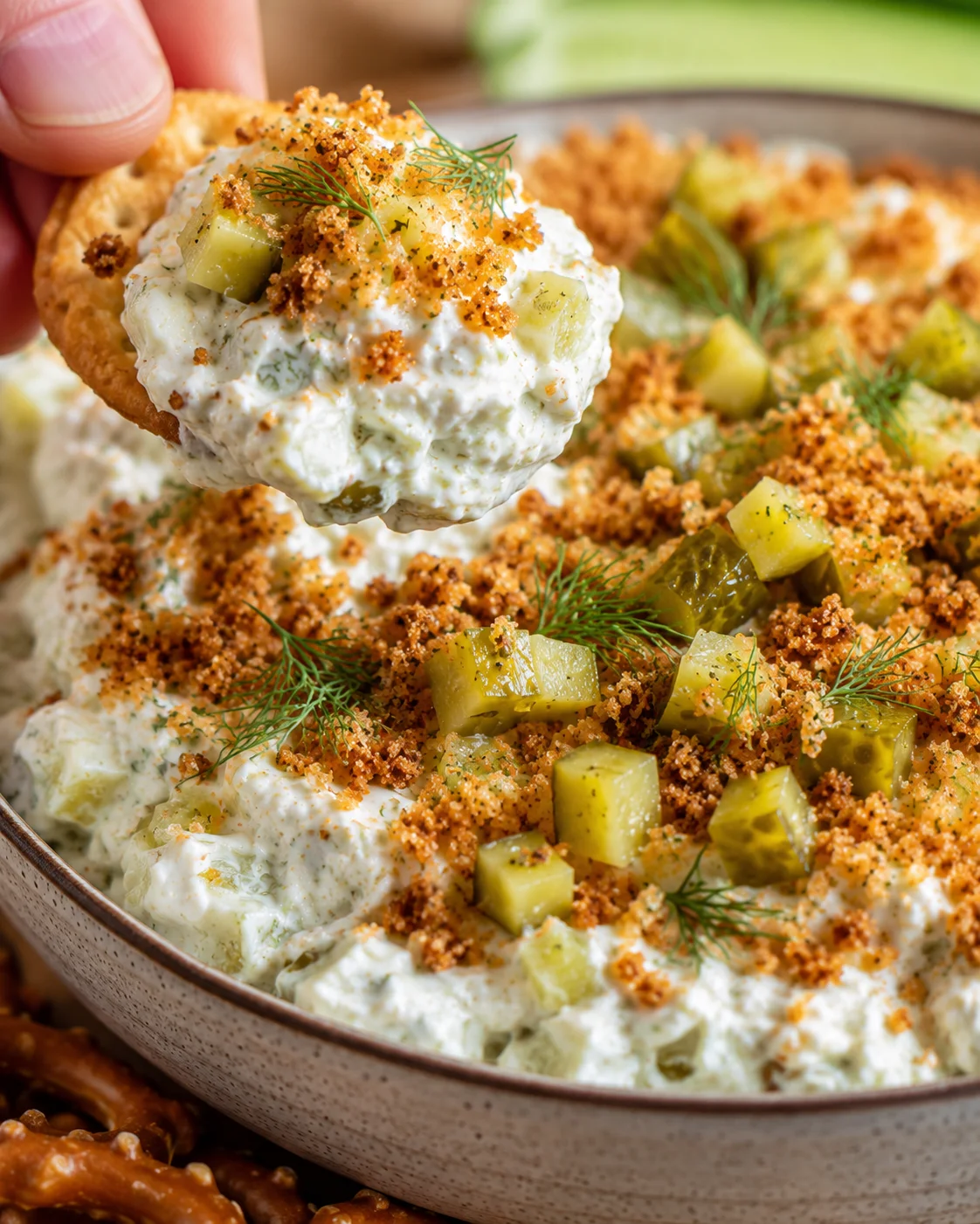 Creamy dip topped with crispy panko crumbs and chopped pickles in a bowl.