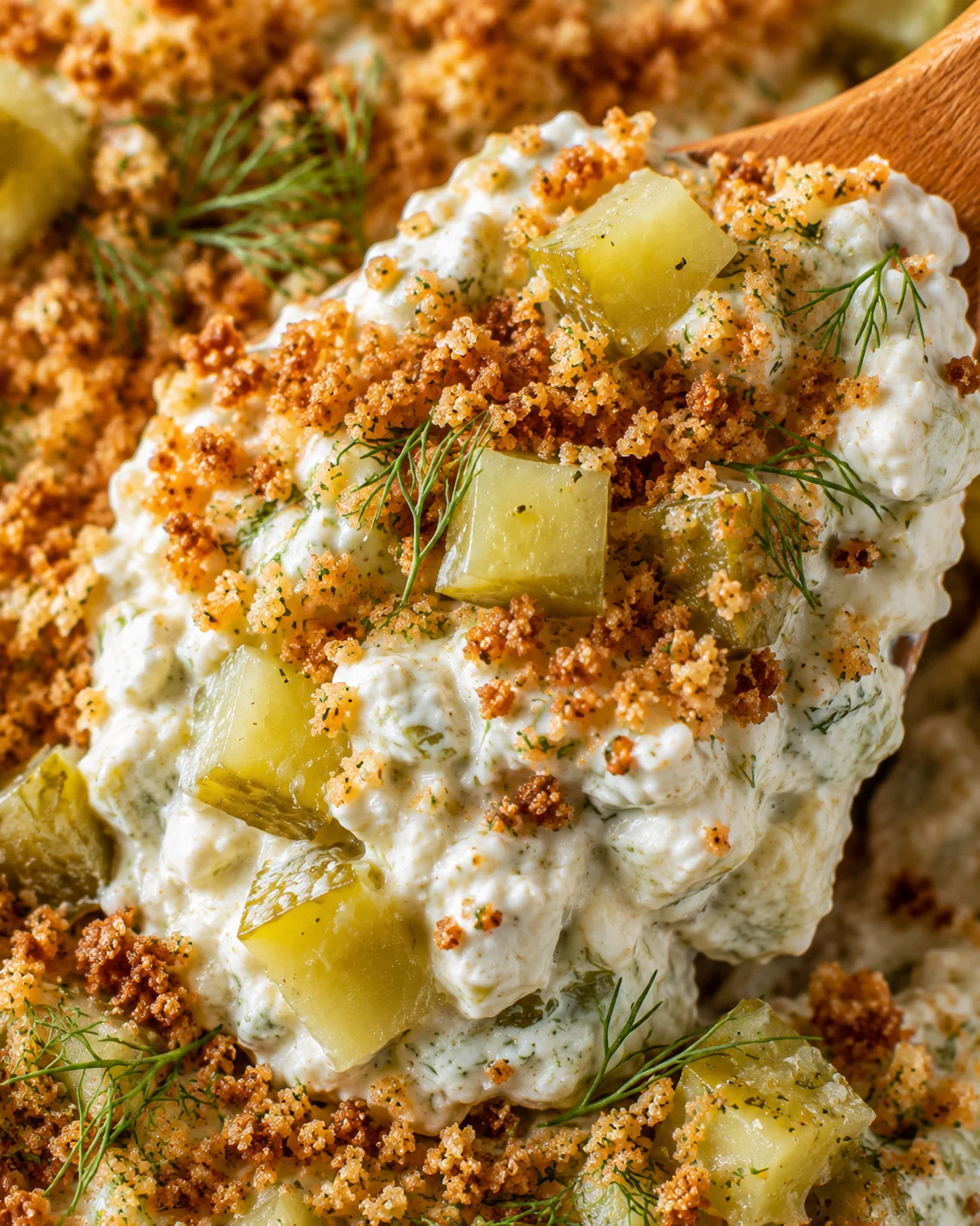 Creamy and crunchy fried pickle dip garnished with dill and pickles.