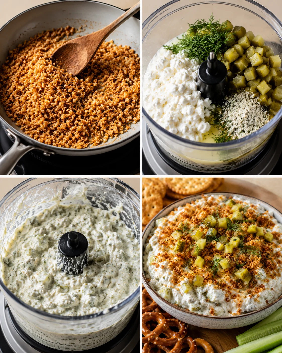 Creamy dill pickle dip with crunchy toasted panko topping served with veggies and crackers.