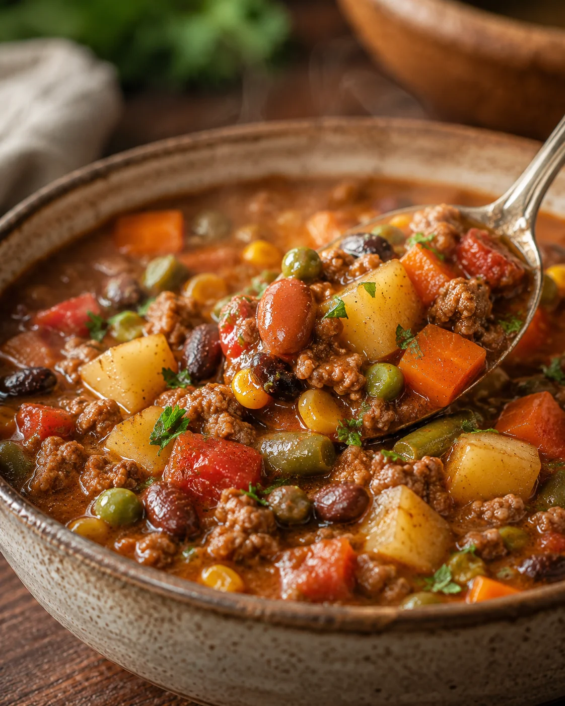A bowl of savory cowboy soup filled with beef, vegetables, and beans.