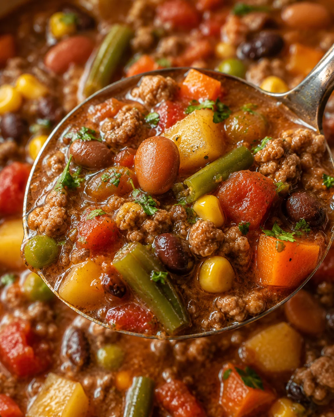 Close-up of a spoonful of hearty cowboy soup with meat, vegetables, and beans.