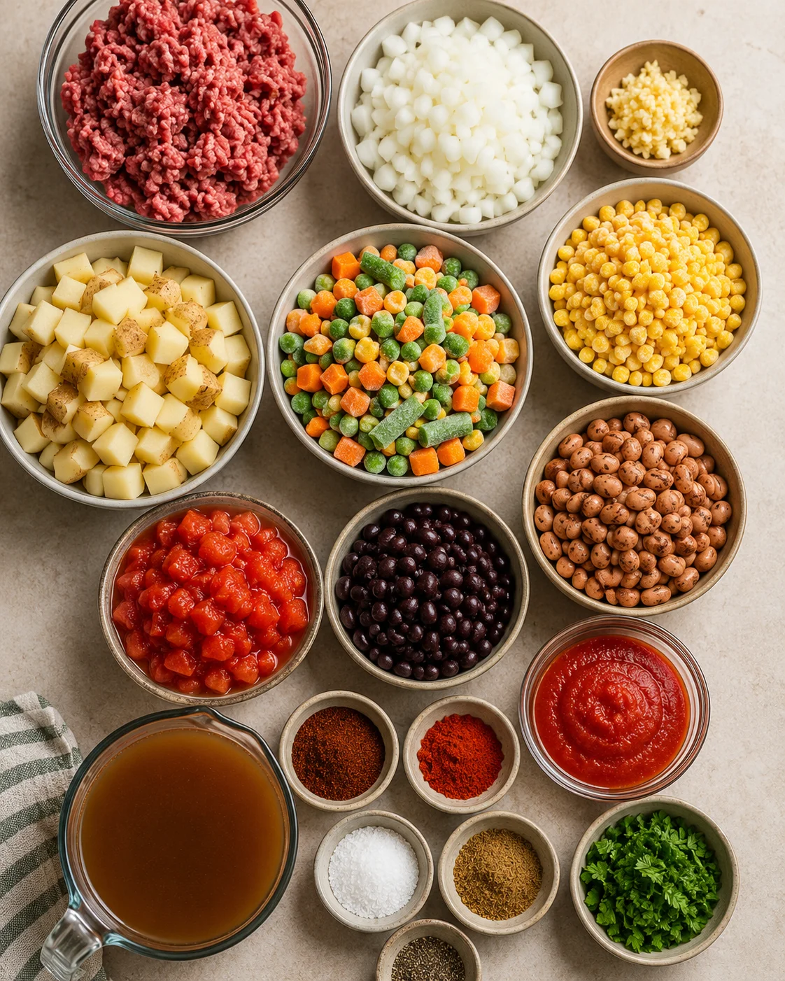 Assorted bowls with ground beef, vegetables, beans, and spices for soup