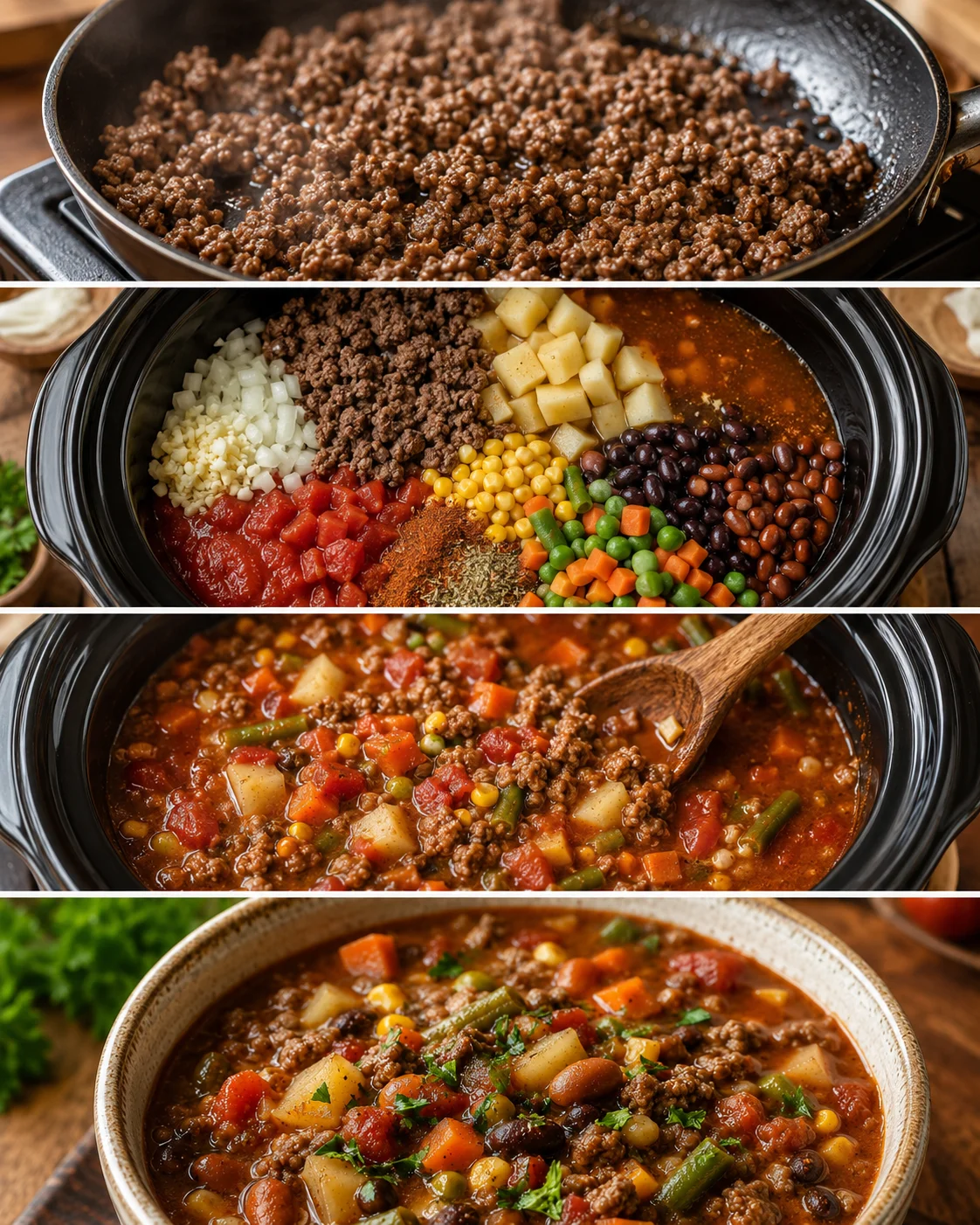 Step-by-step images show browning beef, adding ingredients, and the finished soup.