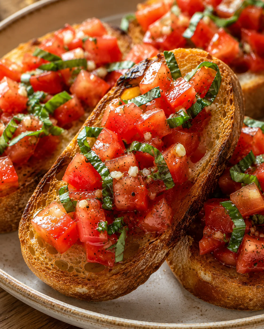 Close-up of crunchy toasted bread topped with fresh tomato and basil mixture