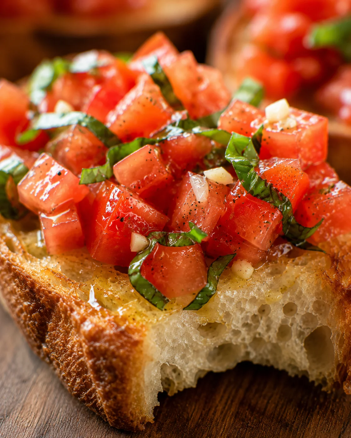 Close-up of homemade tomato bruschetta on a wooden surface, topped with basil and garlic.