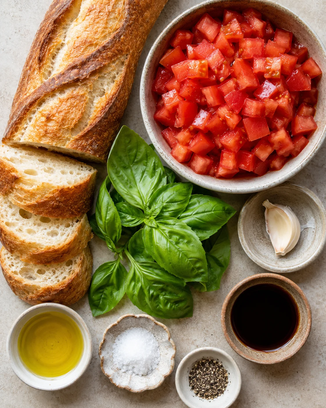 Close-up of toasted bread with chopped tomatoes, basil, garlic, and olive oil.