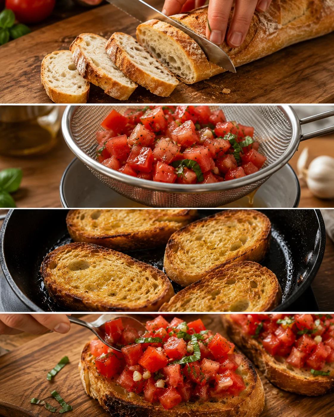 Steps to make quick and flavorful tomato bruschetta with toasted bread and fresh toppings
