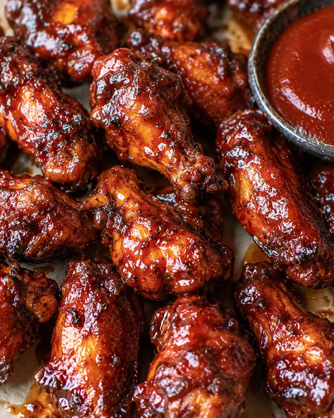 Close-up of glazed, saucy BBQ chicken wings with dipping sauce on the side.