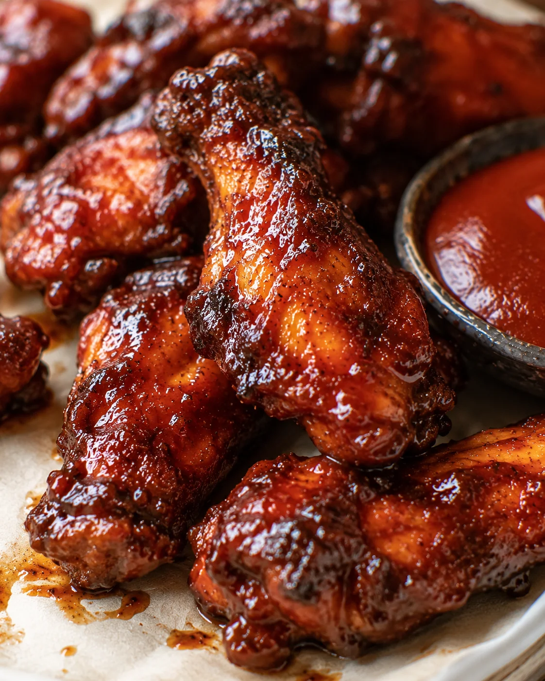 Close-up of sticky BBQ chicken wings coated in sauce on a baking sheet