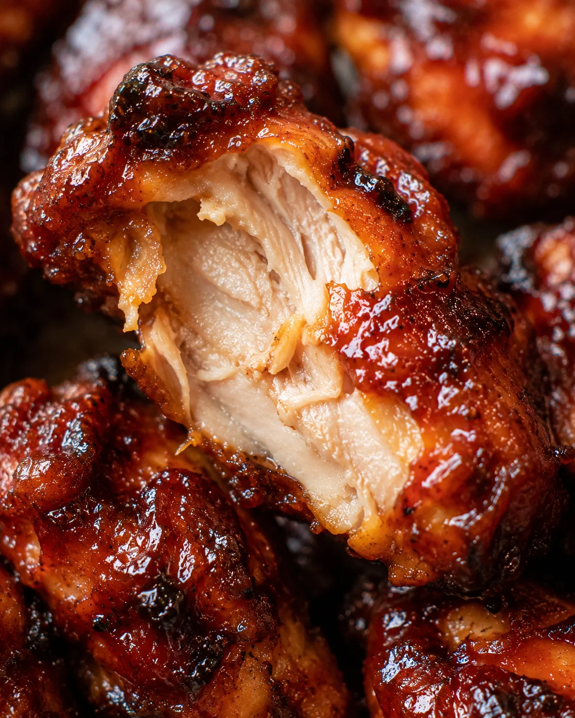 Close-up of juicy, glazed chicken wings with crispy skin, coated in BBQ sauce.